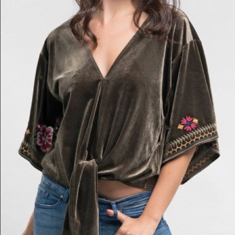 Lovestitch Velvet Tie Front Embroidered Top